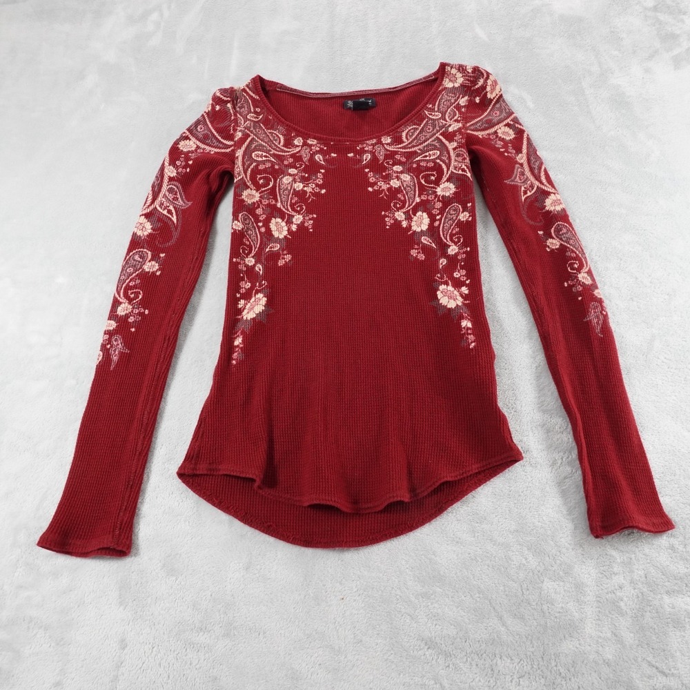 Vtg Y2K Lucky Brand Waffle Knit Thermal Top M Burgundy Long Sleeve Floral Grunge - Picture 5 of 12